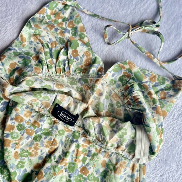 **NWOT** CIDER, (Size S) “Bottomless Mimosas” Green Floral Halter Mini Dress - Picture 4 of 10